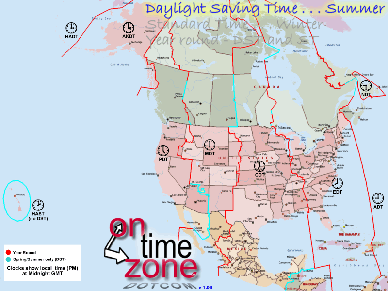 Time Zone borders map for North America - Daylight Saving time