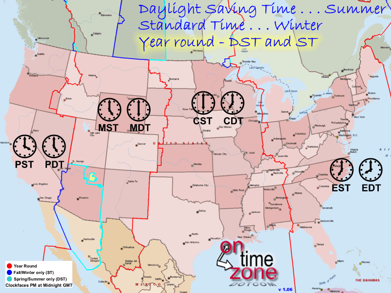 Time Zone Borders map of the United States lower 48 - Year Round