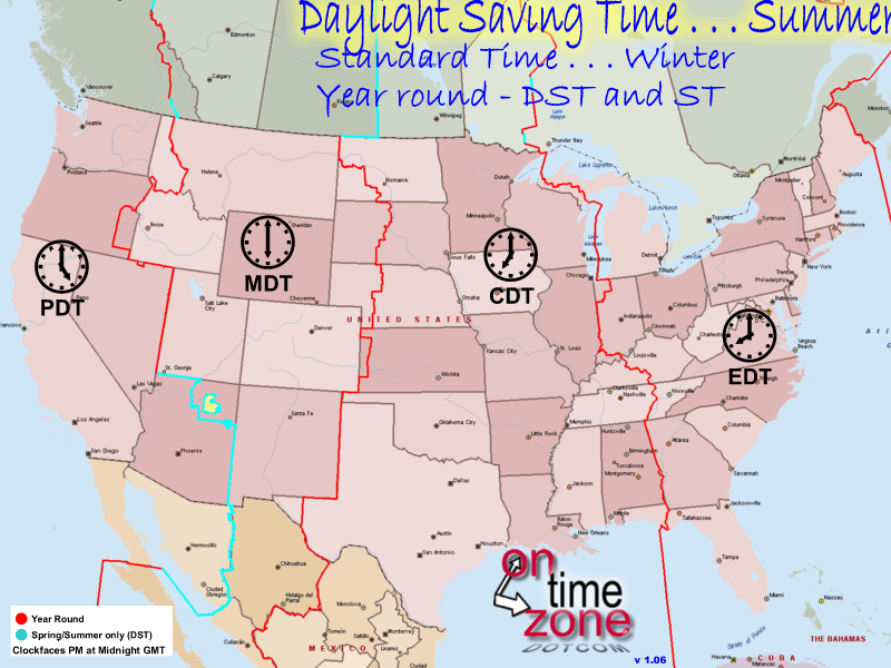 Time Zone Borders map of the United States lower 48 - Daylight Saving time