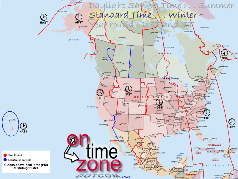 Time Zone borders map for North America - Standard time