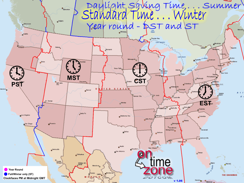 Time Zone Borders map of the United States lower 48 - Standard Time