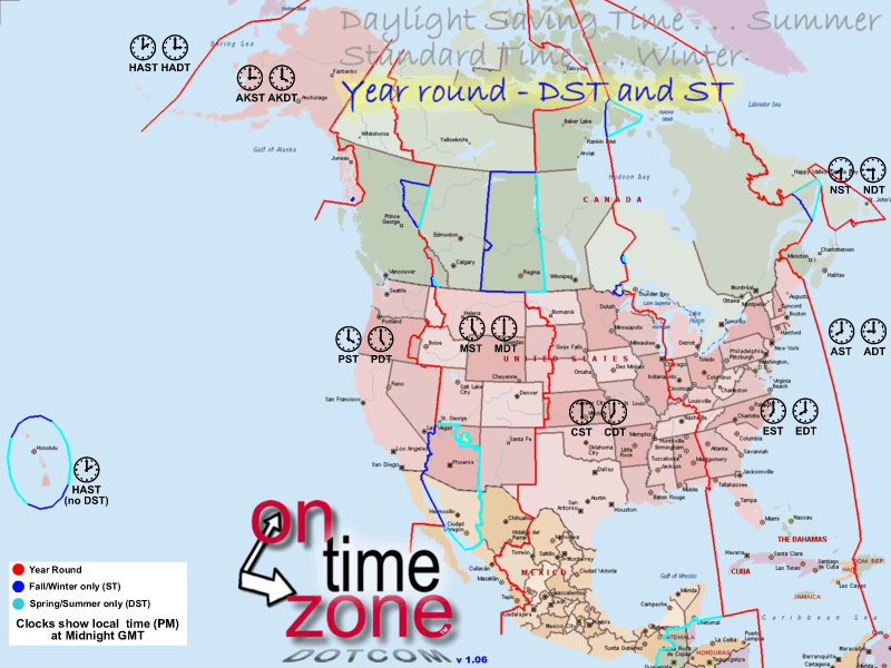 Time Zone borders map for North America - Year Round
